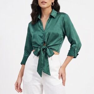 Aakaa Womens Emerald Green Satin Tie Front Cropped Blouse Top Large
